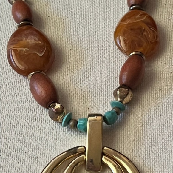 Boho Statement Necklace – Gold Pendant, Turquoise & Acrylic Beads - Picture 7 of 7